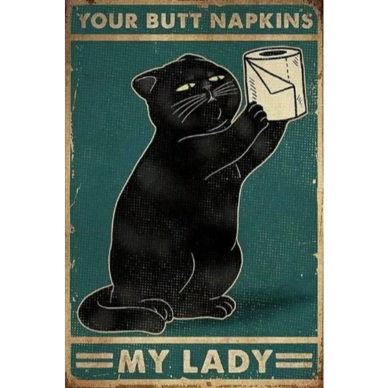 Wine Tag Label - Siyah Komik Kedi Metal Tabela Vintage